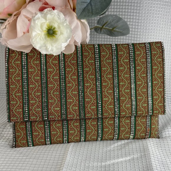 G-Lish Womens Green & Orange Beaded Rectangular Clutch Crossbody Purse - Picture 2 of 6